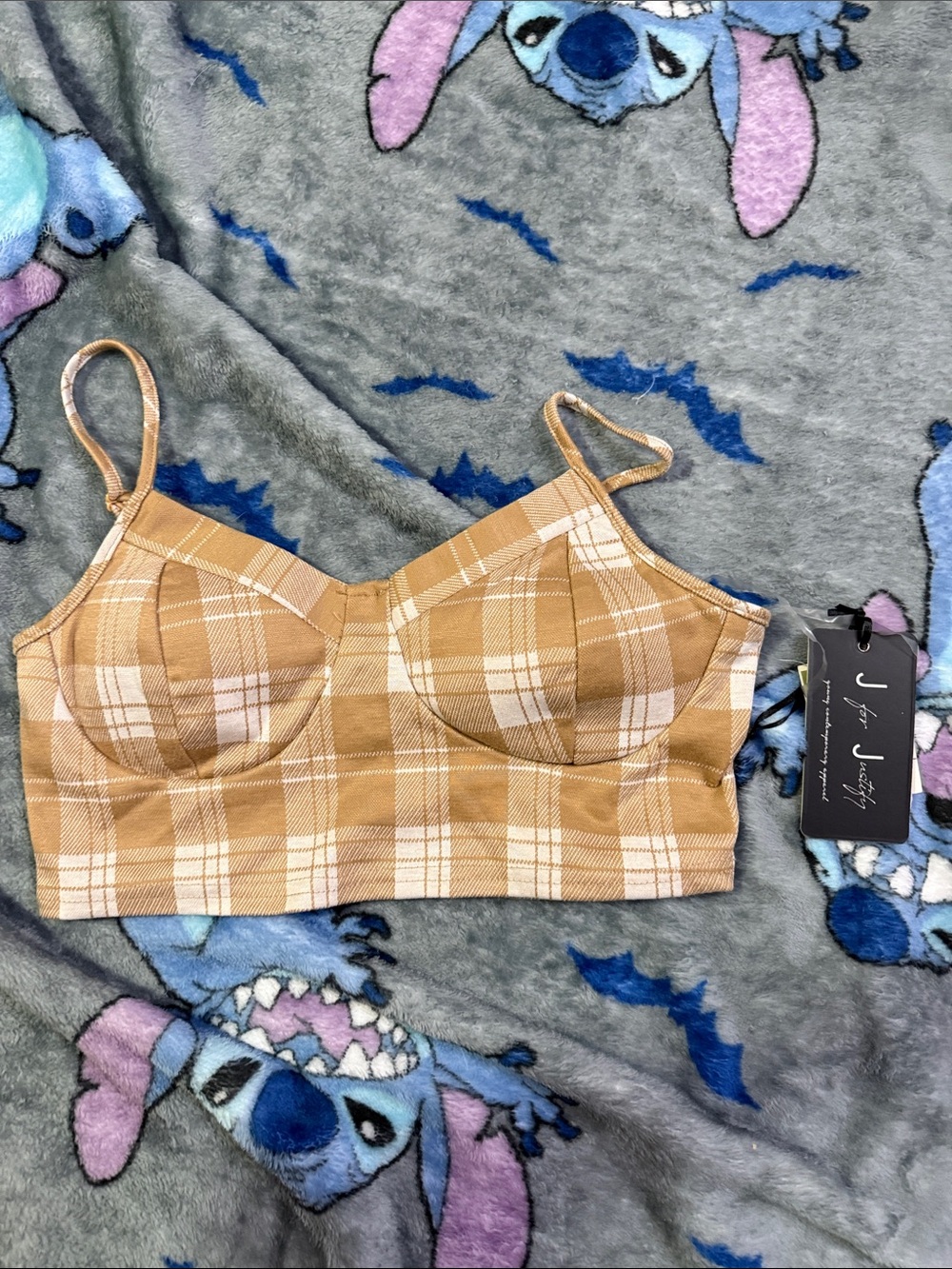 J for Justify Tan and Cream Plaid Bustier Bralette